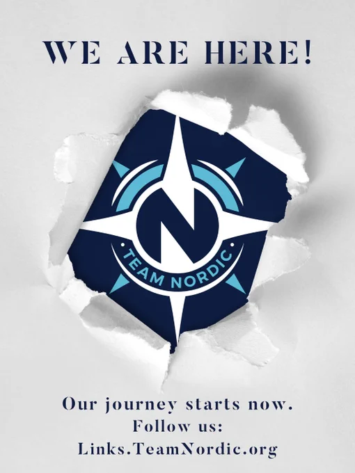 Inspiration post, saying "We are here" then its white paper being ripped up and under it is the star compass logo of Team Nordic. and under it, it says " Our journey starts now. follow us: linksteamnordic.org" 