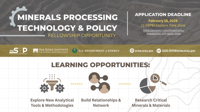 Promotional image for the Minerals Processing Technology & Policy fellowship opportunity through the DOE Science, Technology and Policy Program.
