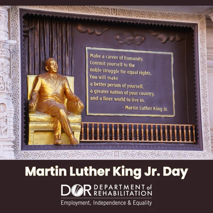 Featuring golden statue of Martin Luther King Jr. in Robbinsville, New Jersey, seated next to his quote in gold lettering. "Make a career of humanity. Commit yourself to the noble struggle for equal rights. You will make a better person of yourself, a greater nation of your country, and a finer world to live in." - Martin Luther King Jr. 