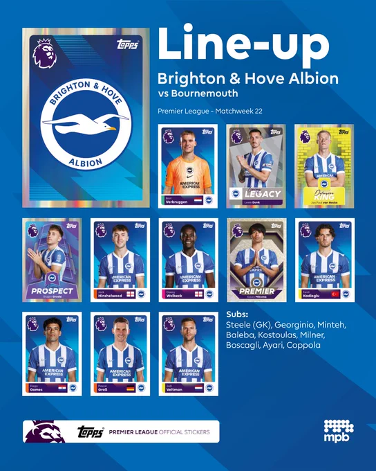 Albion's line-up graphic: Verbruggen, Dunk (C), van Hecke, Brajan Gruda, Jack Hinshelwood, Danny Welbeck, Kaoru Mitoma, Ferdi Kadioglu, Diego Gomez, Pascal Gross, Joel Veltman. Subs: Steele, Georginio, Minteh, Baleba, Kostoulas, Milner, Boscagli, Ayari, Coppola. 

Come on Albion!