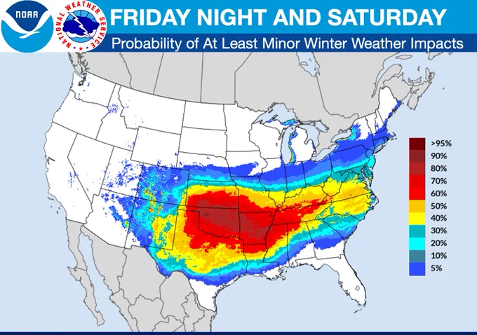 U.S. map showing widespread moderate to high probabilities of minor winter weather impacts from the southern Plains through the Ohio and Tennessee Valleys into the Mid-Atlantic.
