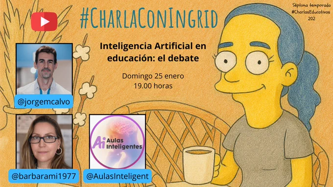 Cartel de la charla con la foto de perfil de los invitados y el título: inteligencia artificial en educación: el debate.