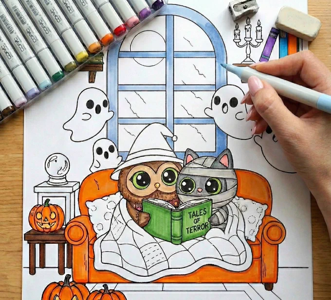 Dibujo de Coco y Mummy siendo coloreados, escena del pack imprimible de Halloween, estilo Cozy