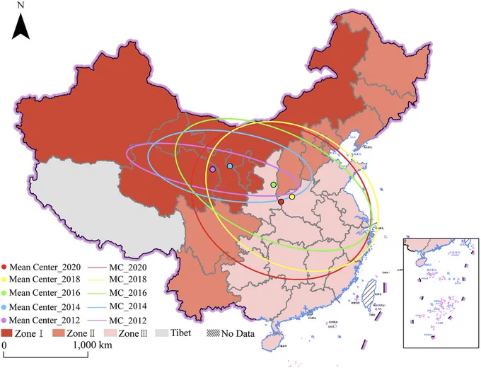 Figure 2. Capacity-weighted mean centers and standard deviational ellipses of China's national-subsidized PV projects (2012–2020).