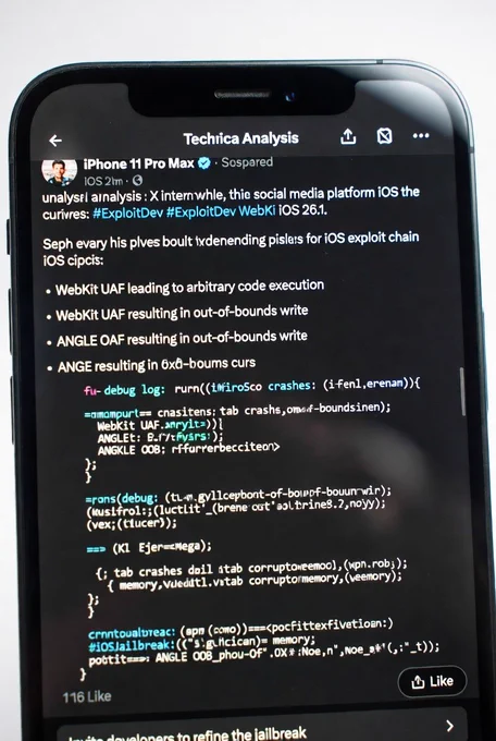 iOS Exploit Chain PoC Alert!
@zeroxjf dropped analysis   PoC for CVE-2025-43529 (WebKit UAF)   CVE-2025-14174 (ANGLE OOB): 
https://github.com/zeroxjf/WebKit-UAF-ANGLE-OOB-Analysis

Vulnerable: iOS ≤26.1 (incl. 17.x–26.1) Patched: iOS 26.2  Tested on iPhone 11 Pro Max / iOS 26.1 – expect crashes galore! (GC races   PAC issues)

Here’s what real attempts look like (tab crashes incoming):

Dev challenge: Fork it, nail PAC bypass   arb r/w, and push the jailbreak scene forward! Tag me 
@ZeeJailbreak with progress 🔥
#iOSJailbreak #ExploitDev #WebKit #CyberSec1.7sFast