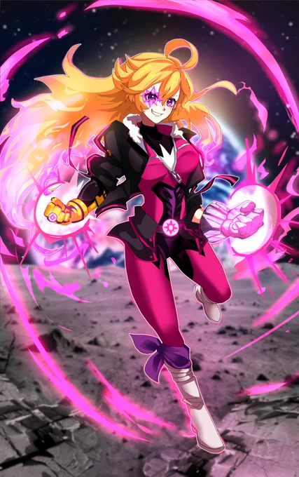 Yang Xiao Long, from RWBY, decorated in the colors, symbolism, and Power Ring of a Star Sapphire from DC Comics, with elements of her Atlas-era outfit adapted into her uniform. Covering her left hand is a construct of a crystal fist.