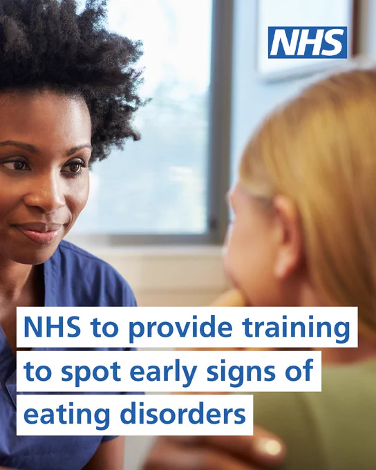A healthcare professional sits facing a young girl in a clinic room. The NHS logo appears in the top right. Overlaid text reads: “NHS to provide training to spot early signs of eating disorders.” 