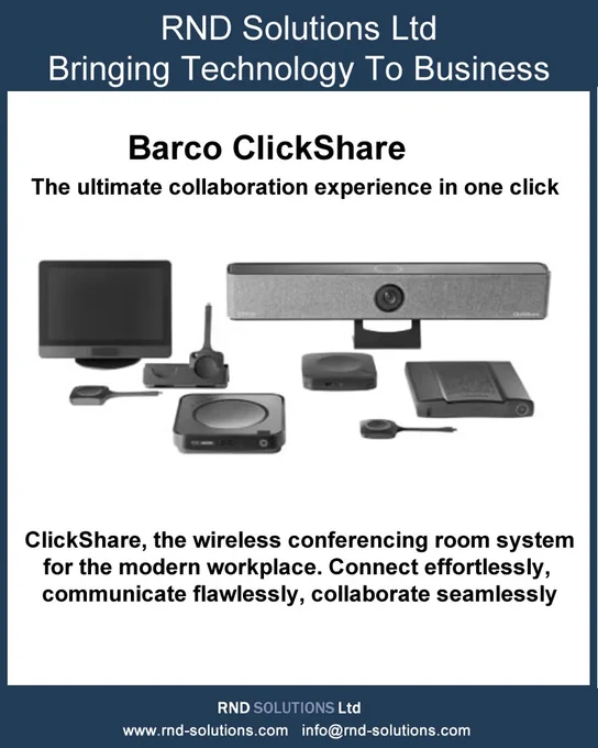 What is ClickShare from Barco?

ClickShare is an award-winning wireless meeting room system for easy video conferencing, collaboration, and presentation. It connects your laptop to the audio and video equipment of your conference room, so you can start your meeting in under 7 seconds with one click via the ClickShare Button, App, or Control Panel.

Click on the link below for Barco ClickShare products:-
https://www.rnd-solutions.co.uk/store/products.php?cat=Barco

Buy now or in 3 interest-free payments.

TELEPHONE:  44 (0)161 552 8205
WHATSAPP :  44 (0)7919 663 081
info@rnd-solutions.com
https://rnd-solutions.com/index.html

#barco #clickshare #ClickShare #VideoConferencingSolutions #videoconferencingequipment #videoconferencingsystem #BarcoClickShare #barcoclickshareconference 