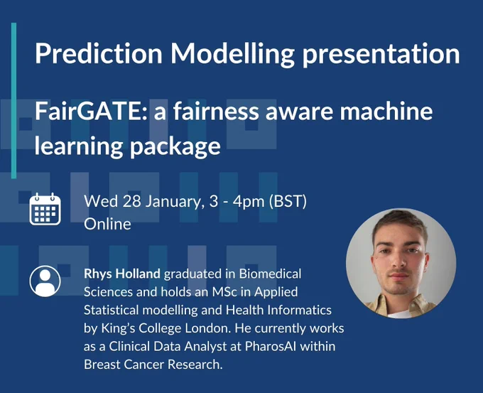 FairGATE: a fairness aware machine learning package / Rhys Holland graduated in Biomedical Sciences and holds an MSc in Applied Statistical modelling and Health Informatics by King’s College London. He currently works as a Clinical Data Analyst at PharosAI within Breast Cancer Research.