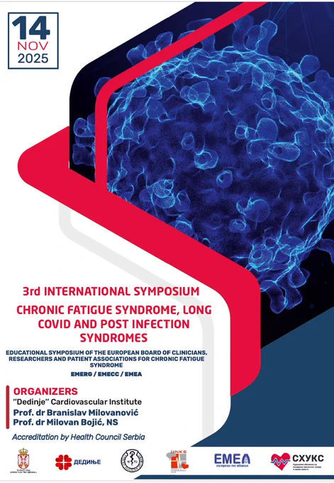 Poster for the 3rd International Symposium on Chronic Fatigue Syndrome, Long COVID and Post-Infection Syndromes, held in November 2025 at the Institute for Cardiovascular Diseases "Dedinje" in Belgrade, Serbia