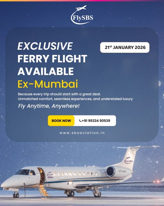 FlySBS Aviation promotional banner featuring a luxury Embraer Legacy 600 private jet parked on a runway at night, highlighting an exclusive ferry flight available from Mumbai on 21st January 2026, with booking contact details and FlySBS Aviation branding