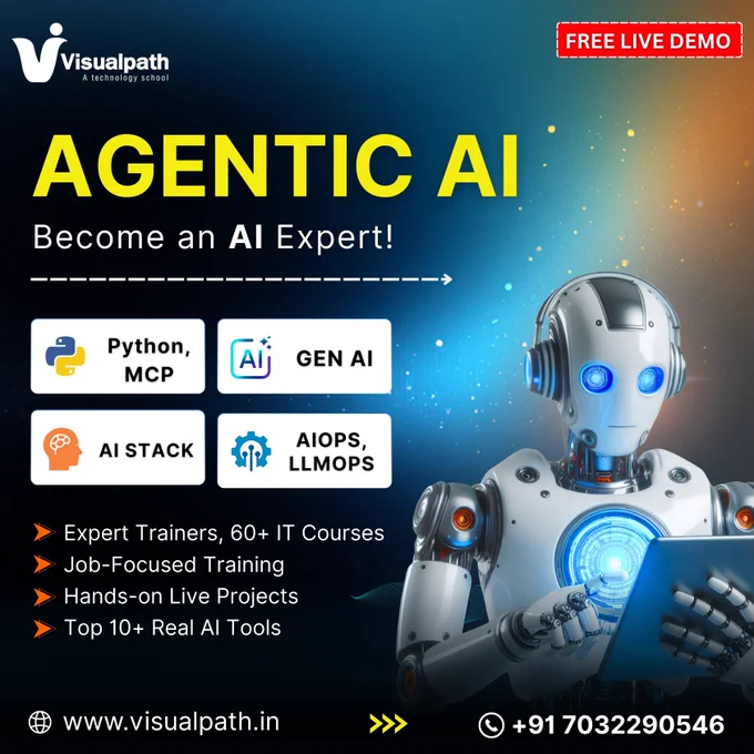 🤖🚀 Agentic AI – Become an AI Expert! (FREE LIVE DEMO)

💡 What You’ll Learn:
✅ Python & MCP
✅ Generative AI
✅ Complete AI Stack
✅ AIOps & LLMOps

🎯 Why Join Visualpath?
✔ Expert Trainers
✔ 60  IT Courses
✔ Job-Focused Training
✔ Hands-on Live Projects
✔ Top 10  Real AI Tools

🌐 Visit: www.visualpath.in

📞 Call Us:  91 70322 90546

⚡ Upgrade your skills. Build real AI solutions. Start your AI career today!

#AgenticAI #ArtificialIntelligence #GenerativeAI #LLMOps #AIOps #AITraining #Visualpath #FreeLiveDemo #futureskills