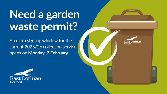 A graphic featuring a brown bin logo and the text, 'Need a garden waste permit?' and 'An extra sign-up window for the current 2025/26 collection service opens on Monday, 2 February'.