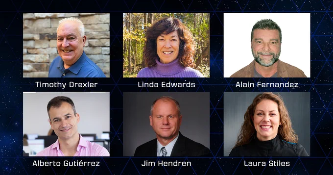 Six headshots on a dark background with names beneath each. From top left to right: Timothy Drexler, Linda Edwards, Alain Fernandez. Bottom left to right: Alberto Gutiérrez, Jim Hendren, Laura Stiles.
