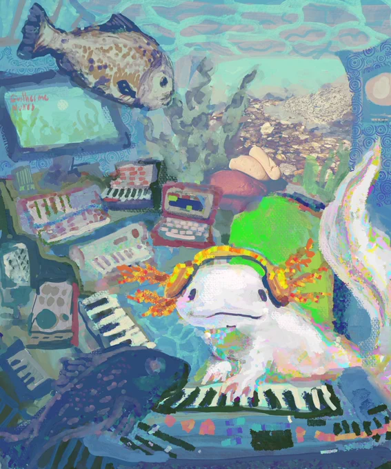 painting of a place that looks like a music studio and an aquarium where an axolotl and two fish are working on an album with lots of synthesizers 