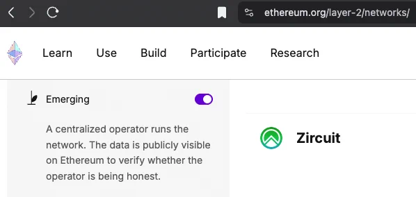 Website screenshot showing Ethereum.org layer-2 page with "Emerging" toggle and Zircuits listing featuring green logo and name "Zircuit."