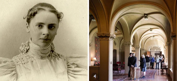 At left, a portrait of architect Julia Morgan; at right, an interior view of the Berkeley City Club, designed by Morgan.