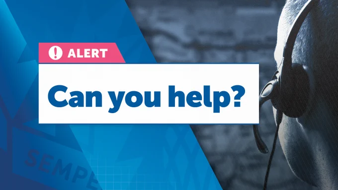 On the left side, a pink and white box with a warning icon and the word "ALERT" is prominently shown. Below this, a large white box contains the text "Can you help?" in bold blue letters. The right side of the image features a blue-tinted, slightly blurred photograph of a person wearing a headset, suggesting a request for information or assistance.