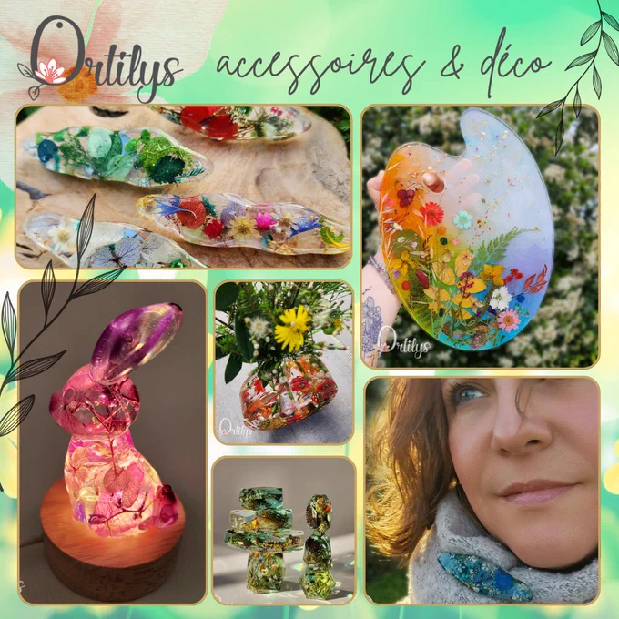 un fond orangé-vert avec 6 de mes créations : broches, veilleuse lapin, vase fleuri, jeu, palette