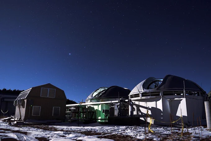 Nighttime close-up of MROI's first two telescopes 