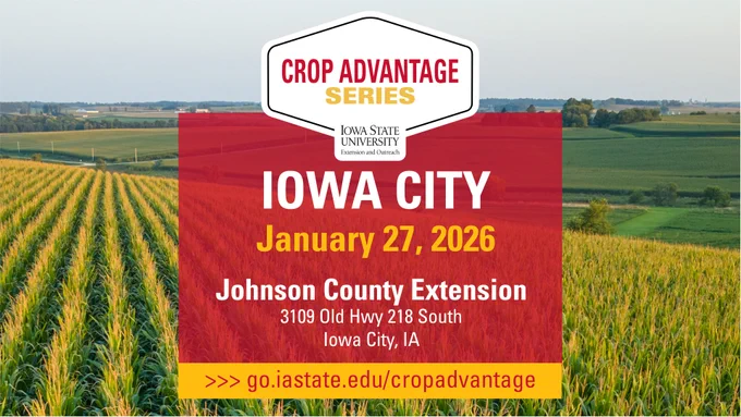 A card featuring the Iowa City Crop Advantage Series location being held on January 27, 2026.