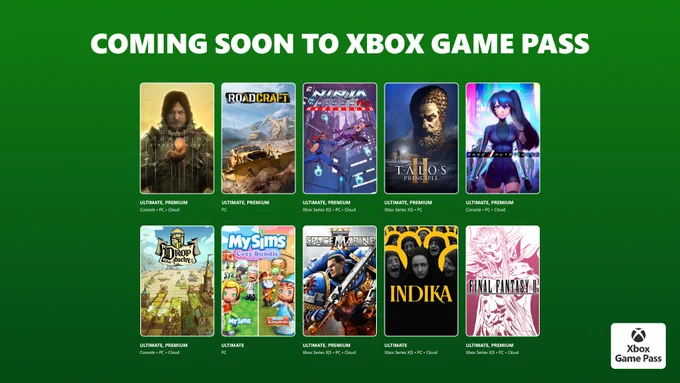 Death Stranding: Director's Cut, Road Craft, Ninja Gaiden: Ragebound, The Talos Principle II, Anno: Mutationem, Drop Duchy, MySims Cozy Bundle, Warhammer 40,000: Space Marine II, Indika, and Final Fantasy II are coming soon to Xbox Game Pass.