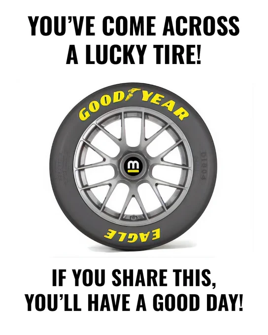 A photo of a Goodyear Eagle tire is placed in the middle of a graphic that has the following text on screen. "You've come across a lucky tire! If you share this, You'll have a good day!"