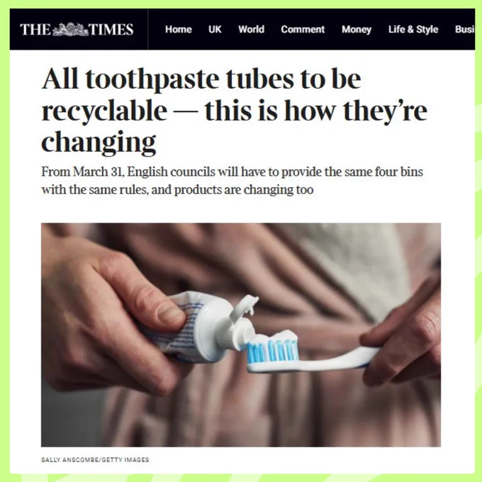 Photo showing a person squeezing toothpaste onto a toothbrush, representing the article 'All toothpaste tubes to be recyclable — this is how they're changing' published by The Times.