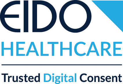 Logo of EIDO Healthcare with the text 'EIDO HEALTHCARE' in large, bold letters, and 'Trusted Digital Consent' written below in smaller text. The background is white with a blue triangular element in the top right corner.