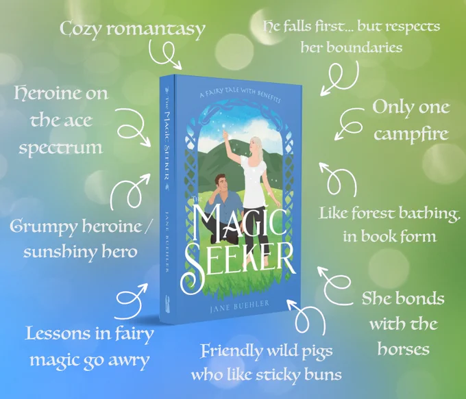 The book The Magic Seeker showing a woman lifting her arm under the open sky with white sparkles around her while a man sits behind her, smiling and watching her; around the book are arrows pointing at it from the following phrases: Cozy romantasy, Heroine on the ace spectrum, Grumpy heroine / sunshiny hero, He falls first... but respects her boundaries, Only one campfire, Lessons in fairy magic go awry, She bonds with the horses, Like forest bathing, in book form, Friendly wild pigs who like sticky buns