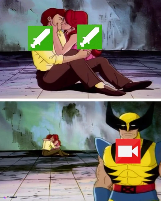 A Wolverine meme of two characters kissing and another looking on annoyed