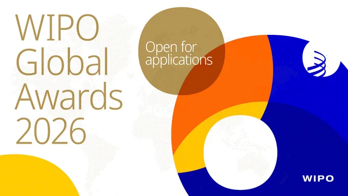 WIPO Global Awards 2026 announcement with a colorful abstract design and a note saying open for applications.