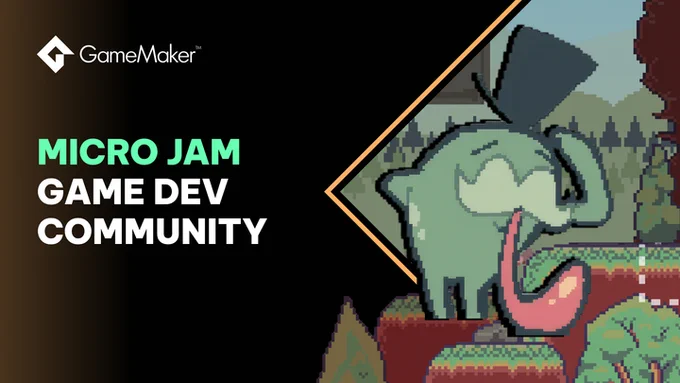 Image for GameMaker Micro Jam game dev community blog post. Left side shows the GameMaker logo and the text ‘Micro Jam Game Dev Community’ on a dark background. Right side features pixel art of a small green creature with its tongue out in a stylized landscape.