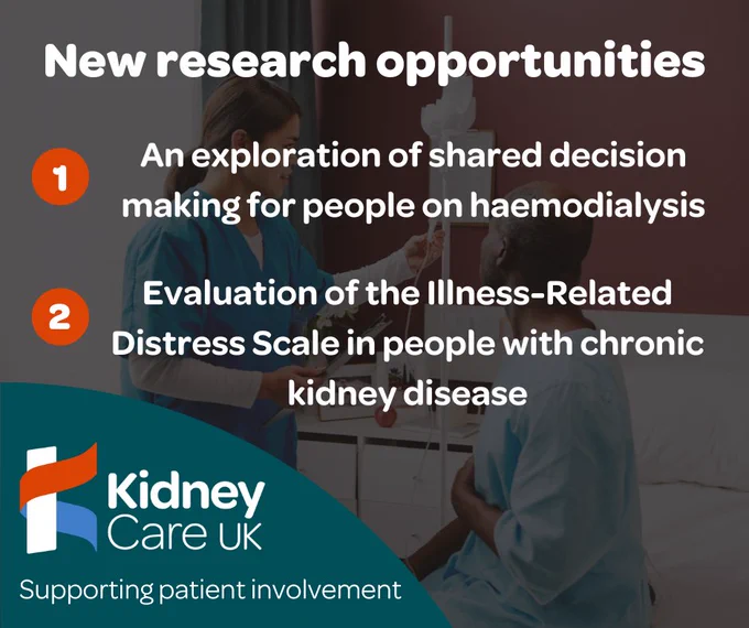 Graphic illustrating new research opportunities with Kidney Care UK. Features include 'An exploration of shared decision making for people on haemodialysis' and 'Evaluation of the Illness-Related Distress Scale in chronic kidney disease.' Image shows a healthcare professional and a patient discussing beside a hospital bed.