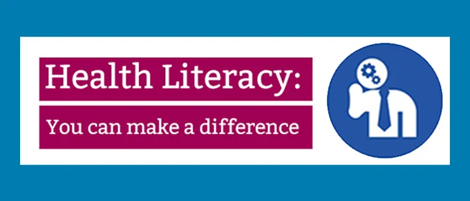 Blue banner with white text reading "Health Literacy: You can make a difference". On the right is a circular blue icon showing a person in a suit and tie with a gear symbol over their head, representing thinking or understanding health information.