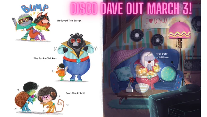 Disco Dave is a walrus with the funk in his heart, but he can’t get his feet to boogie to the same rhythm. After one too many dancing disasters, Dave boxes up his bell bottoms and is ready to let his disco dreams die. But when the local disco DJ quits, Dave finds a new way to get his groove on. The illustrations are outta sight, with colors, patterns, and hairstyles that will entertain children and their radical reading helpers alike. -Foreword Reviews
