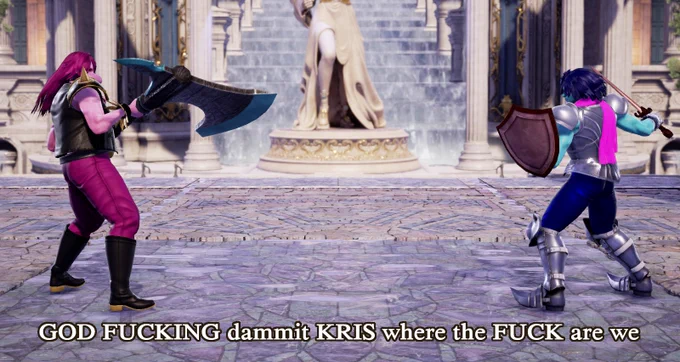 SoulCalibur VI screenshot. Create-A-Souls of Kris and Susie from Deltarune are at the Shrine of Eurydice. A subtitle in SCVI's font says "GOD FUCKING damnit KRIS where the FUCK are we"