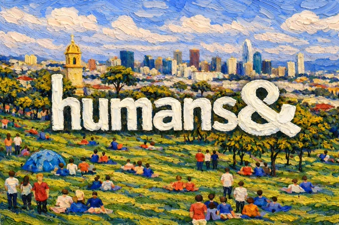 a photograph taken of dolores park with the "humans&" logo overlaid, then transformed to look like a painting