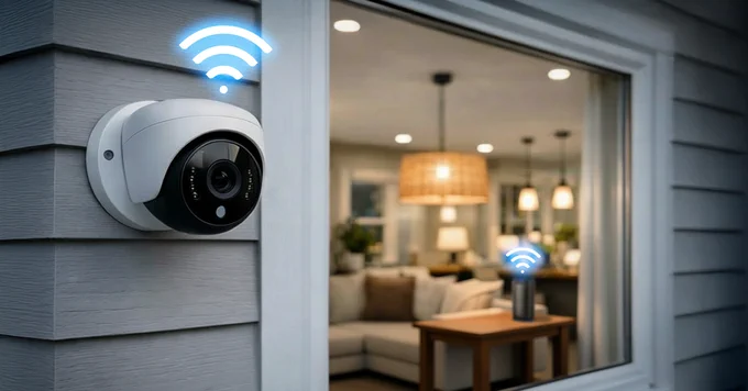 An outdoor home camera benefitting from Spectrum WiFi 7 Extender