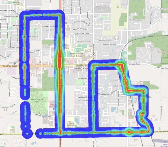 Map with colorful heat-mapping overlay showing varying data intensities on street routes around Battle Ground High School and adjacent areas.
