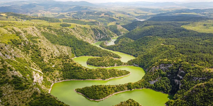 Aerial view of a winding river flowing through the lush, green landscape 