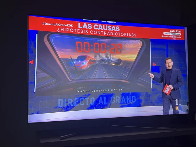 Una imagen generada por IA de los trenes siniestrados que no tengo el estómago de describir porque me revuelve las tripas en el programa “Directo al grano” de la 1 con la etiqueta “Imagen generada con IA”.