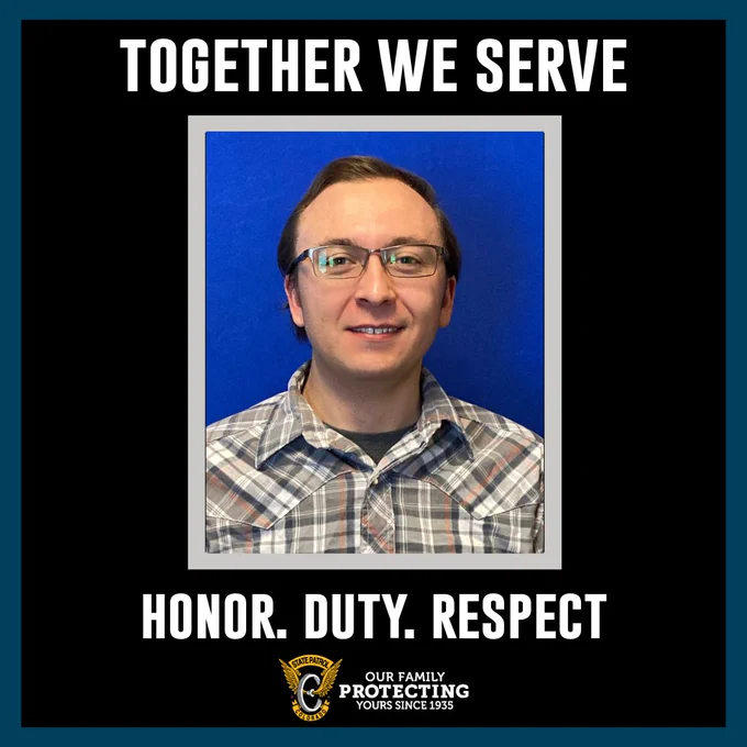A professional recognition graphic featuring a headshot of a smiling man with glasses and a plaid shirt against a blue background. The photo is framed in a white border on a dark background. Text above the photo reads "Together We Serve" in bold white capital letters. Below the photo are the words"Honor.Duty.Respect." displayed in the same style with a Colorado State Patrol emblem below the words. 