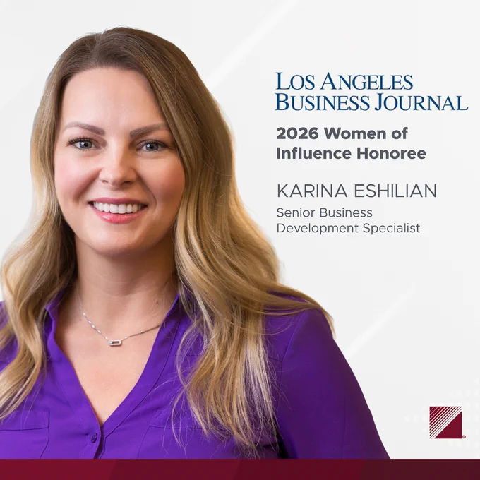 Text: Los Angeles Business Journal 2026 Women of Influence Honoree: Karina Eshilian, Senior Business Development Specialist. Graphics: PCI Cube logo, photo of Karina.