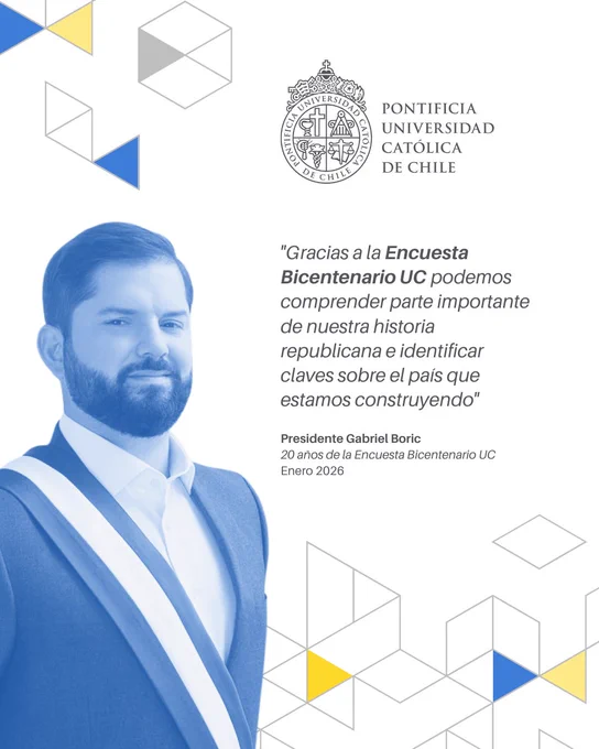 Imagen institucional de la Pontificia Universidad Católica de Chile con fotografía del Presidente Gabriel Boric. A la derecha, una cita sobre la importancia de la Encuesta Bicentenario UC para comprender la historia republicana de Chile y los desafíos del país, en el marco de sus 20 años.
