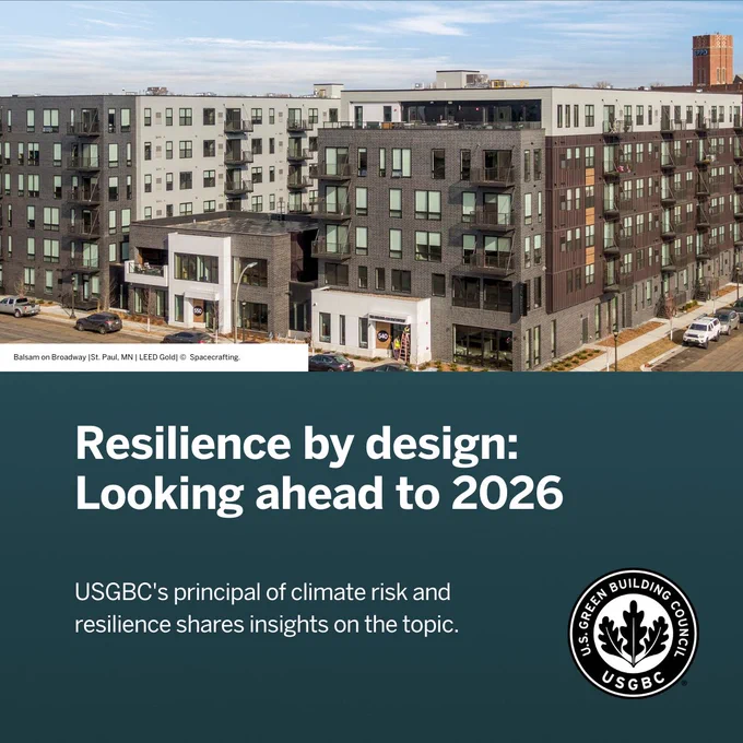 Promotional image featuring a modern apartment building with the text 'Looking ahead to 2026: USGBC's principal of climate risk and resilience shares insights on the topic.' USGBC logo visible in corner.