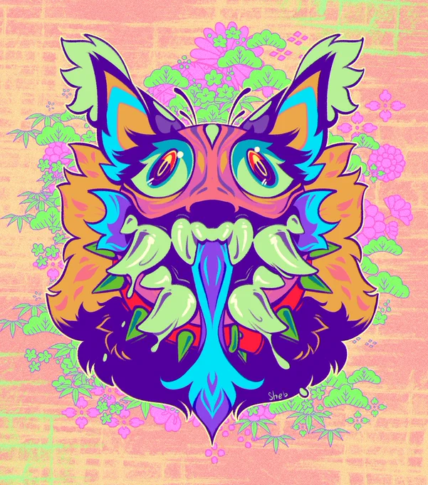 A multicolored creature headshot with with a wide open toothy mouth and tongue hanging out. It's wearing a spiked collar and wide open, distant eyes. 
