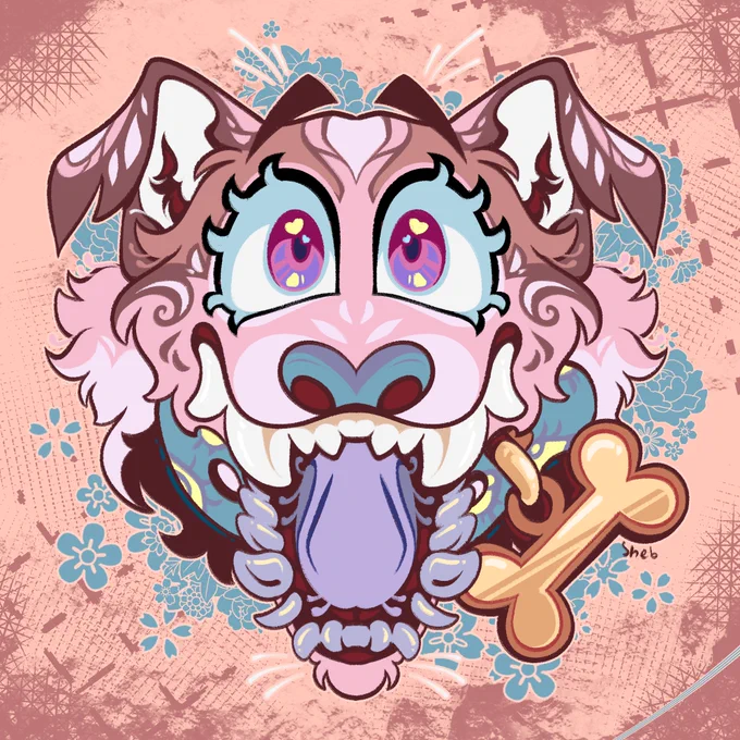 A headshot illustration of a pink and brown dog. It's mouth is wide open with many chunky teeth and a purple tongue. It has a blue collar printed with yellow eyes and a gold bone tag. 