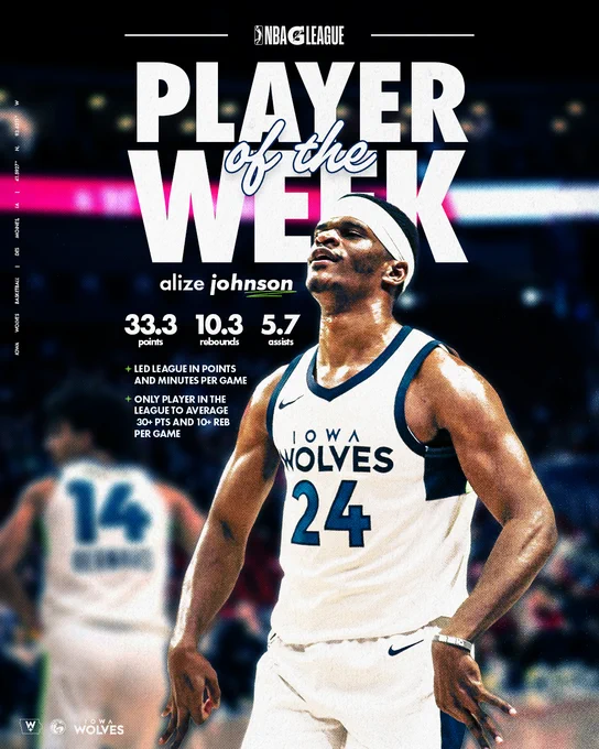 Alize Johnson has been named the NBA G League Player of the Week with 33.3 points, 10.3 rebounds, and 5.7 assists.