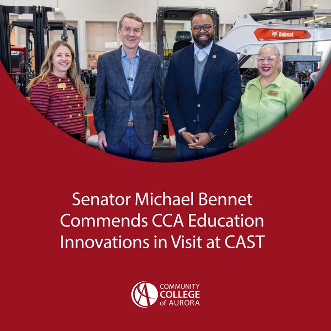 A group of four people stands smiling in an industrial setting. Text on a red background reads “Senator Bennet Commends CCA Education Innovations in Visit at CAST.”